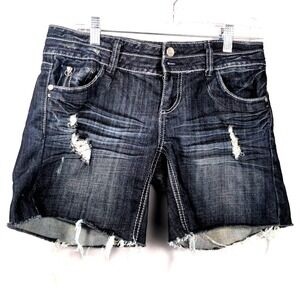 Vtg Almost Famous Womens 7 Distressed Jean Shorts Denim Dark Raw Hem Y2K Boho